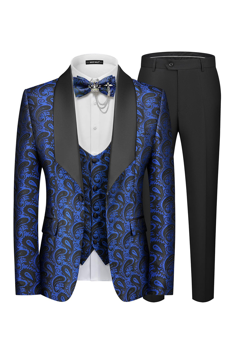 3 Piece Blue One Button Shawl Lapel Jacquard Men's Prom Suits
