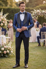 3 Piece Blue One Button Shawl Lapel Jacquard Men's Prom Suits