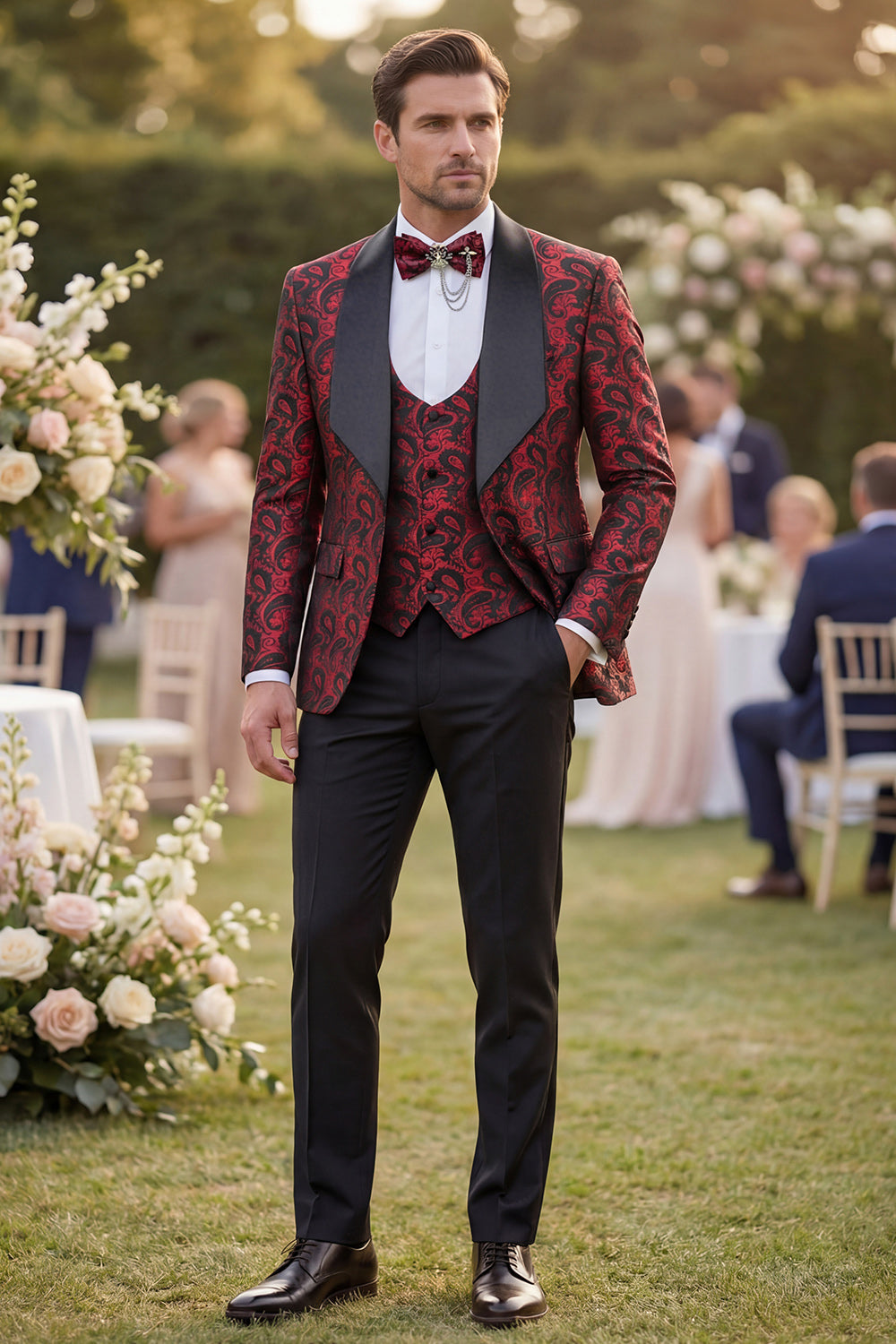 3 Piece Blue One Button Shawl Lapel Jacquard Men's Prom Suits