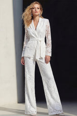 2 Piece White Lace Floral Notched Lapel Wide Leg Prom Suits with Belt