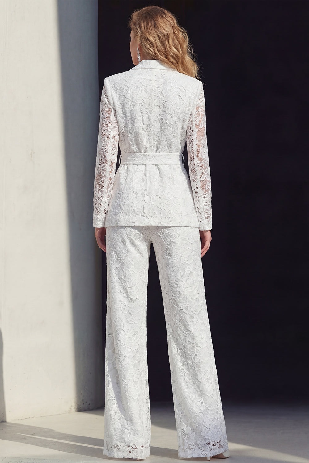 2 Piece White Lace Floral Notched Lapel Wide Leg Prom Suits with Belt