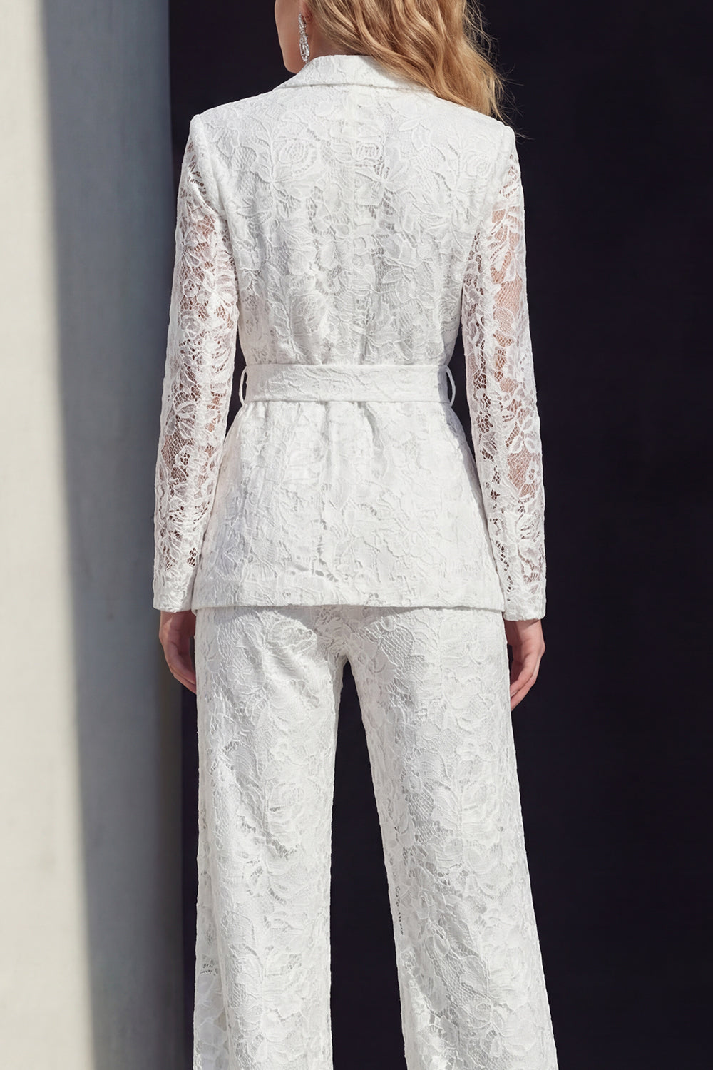 2 Piece White Lace Floral Notched Lapel Wide Leg Prom Suits with Belt