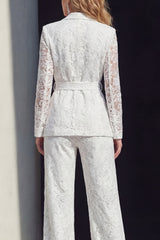 2 Piece White Lace Floral Notched Lapel Wide Leg Prom Suits with Belt
