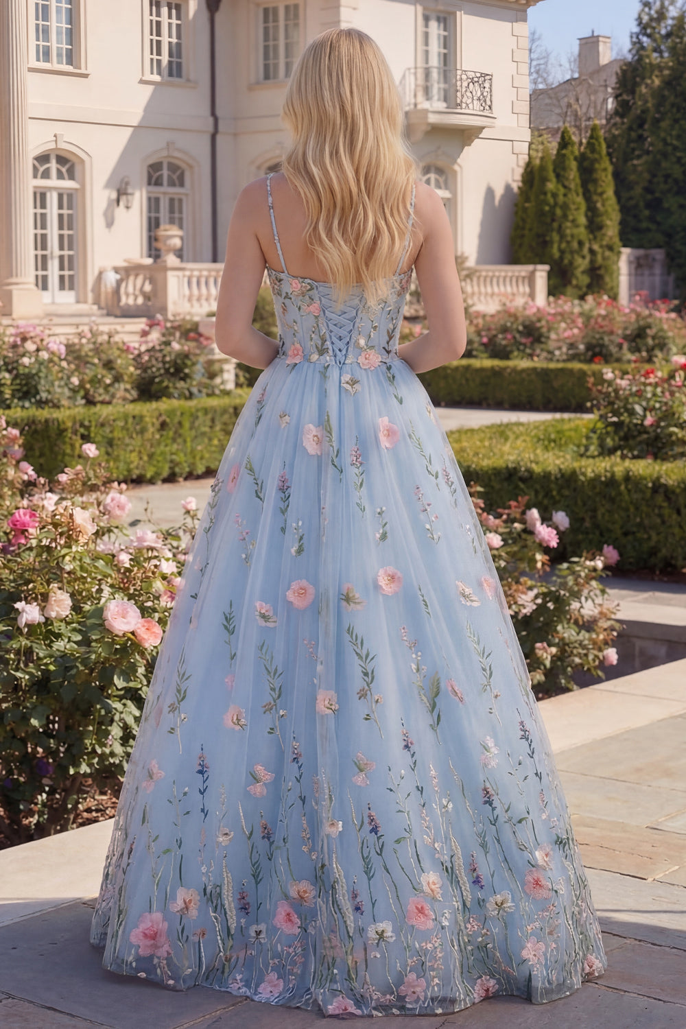 A-Line Blue Tulle Floral Corset Appliqued Long Prom Dress with 3D Flowers