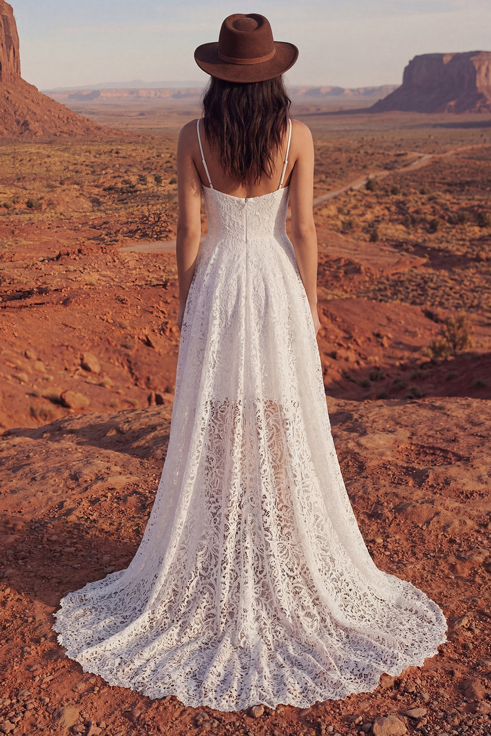 A Line Spaghetti Straps Ivory Floral Lace High Low Boho Wedding Dress