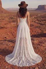 A Line Spaghetti Straps Ivory Floral Lace High Low Boho Wedding Dress