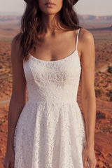 A Line Spaghetti Straps Ivory Floral Lace High Low Boho Wedding Dress
