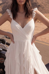 A Line Ivory Maxi V-Neck Beach Wedding Dress with Ruffles