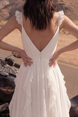 A Line Ivory Maxi V-Neck Beach Wedding Dress with Ruffles