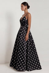 A-Line Satin Black White Dots Spaghetti Straps Long Formal Dress