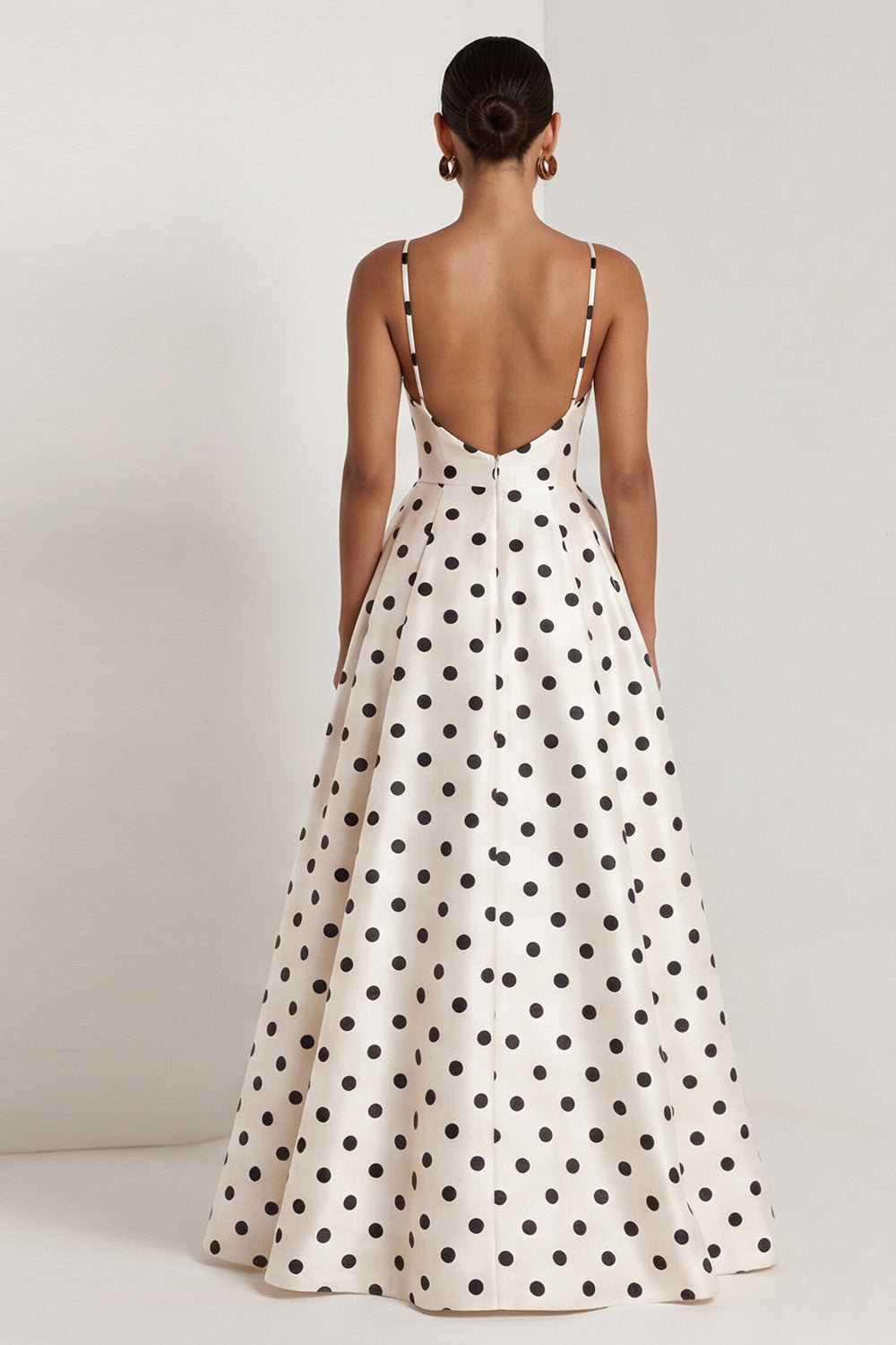 A-Line Satin Black White Dots Spaghetti Straps Long Formal Dress