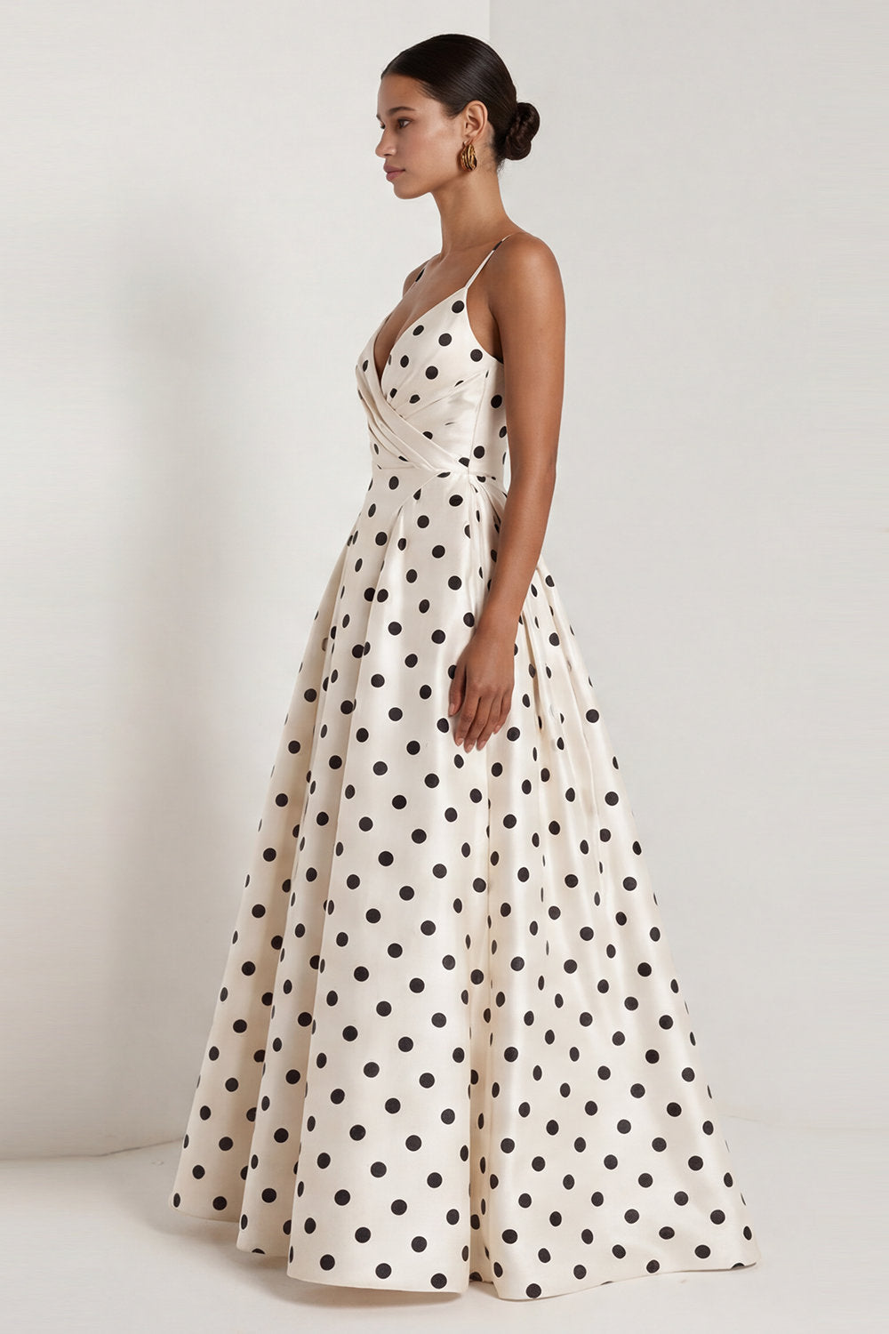A-Line Satin Black White Dots Spaghetti Straps Long Formal Dress