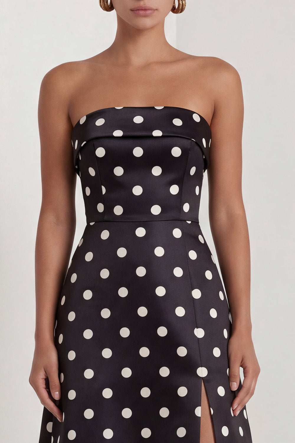 A-Line Satin Black White Dots Strapless Long Formal Dress with Slit