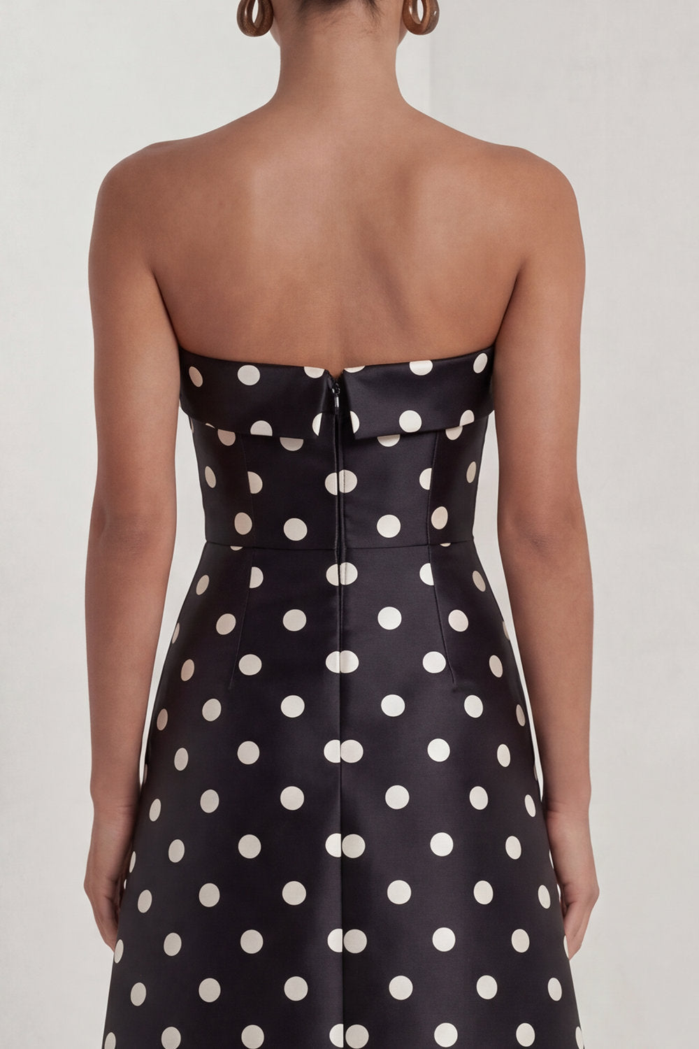 A-Line Satin Black White Dots Strapless Long Formal Dress with Slit