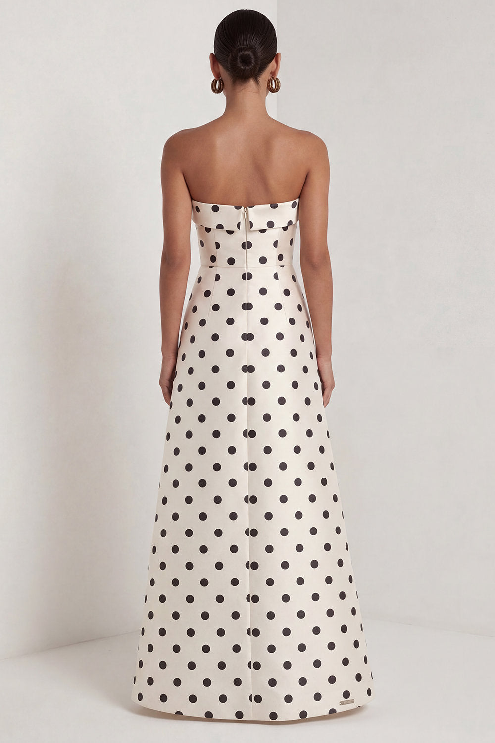 A-Line Satin Black White Dots Strapless Long Formal Dress with Slit