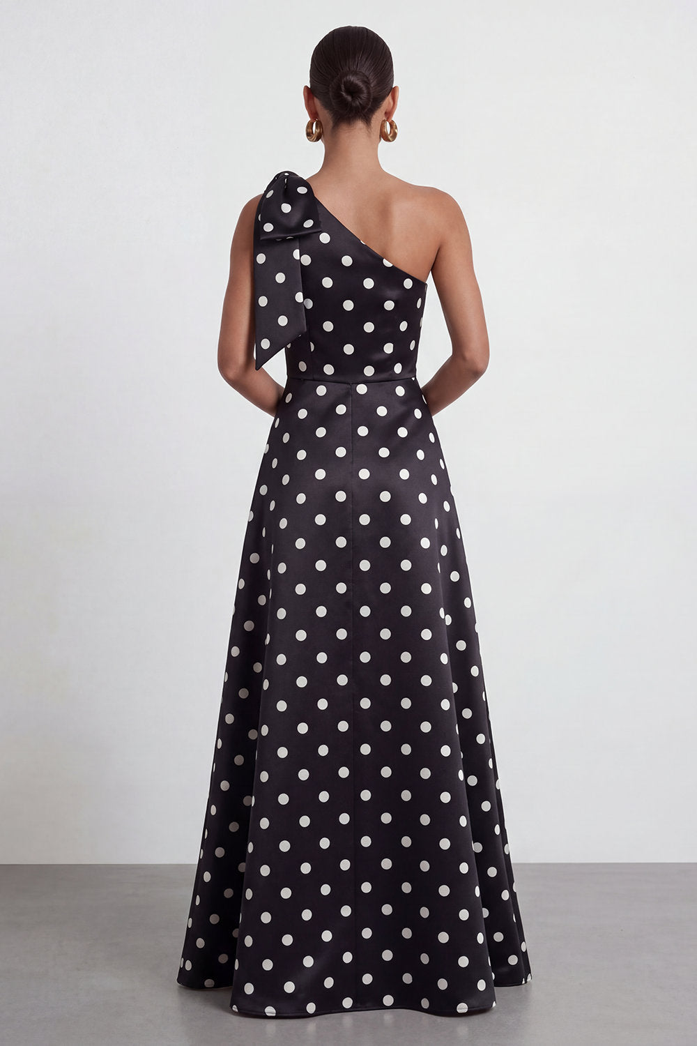 A-Line Satin Black White Dots One Shoulder Long Formal Dress with Slit