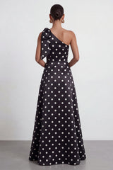 A-Line Satin Black White Dots One Shoulder Long Formal Dress with Slit