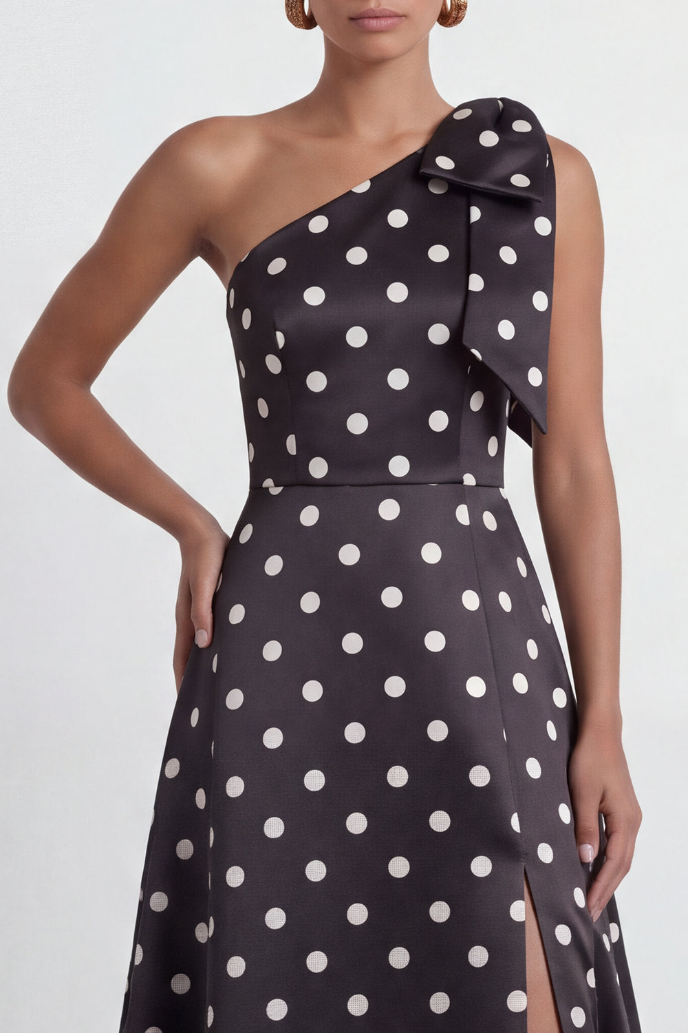 A-Line Satin Black White Dots One Shoulder Long Formal Dress with Slit