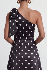A-Line Satin Black White Dots One Shoulder Long Formal Dress with Slit