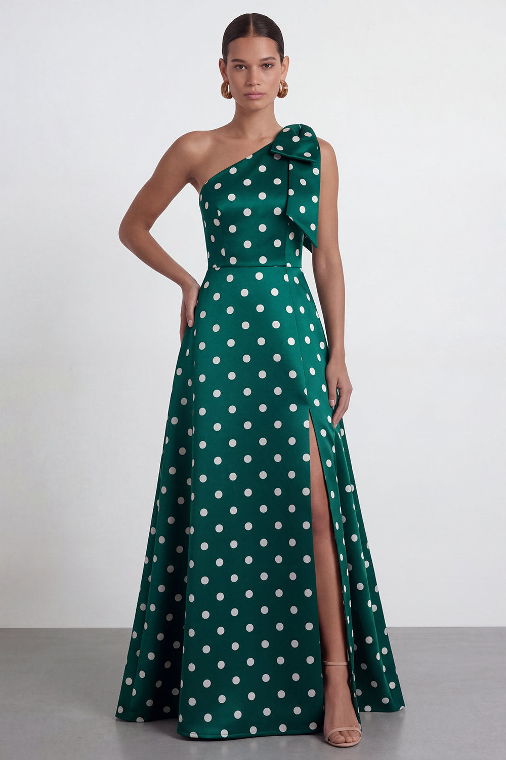 A-Line Satin Black White Dots One Shoulder Long Formal Dress with Slit