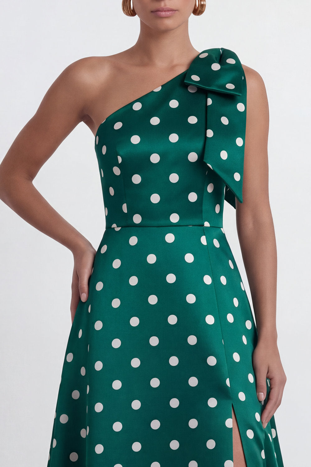 A-Line Satin Black White Dots One Shoulder Long Formal Dress with Slit