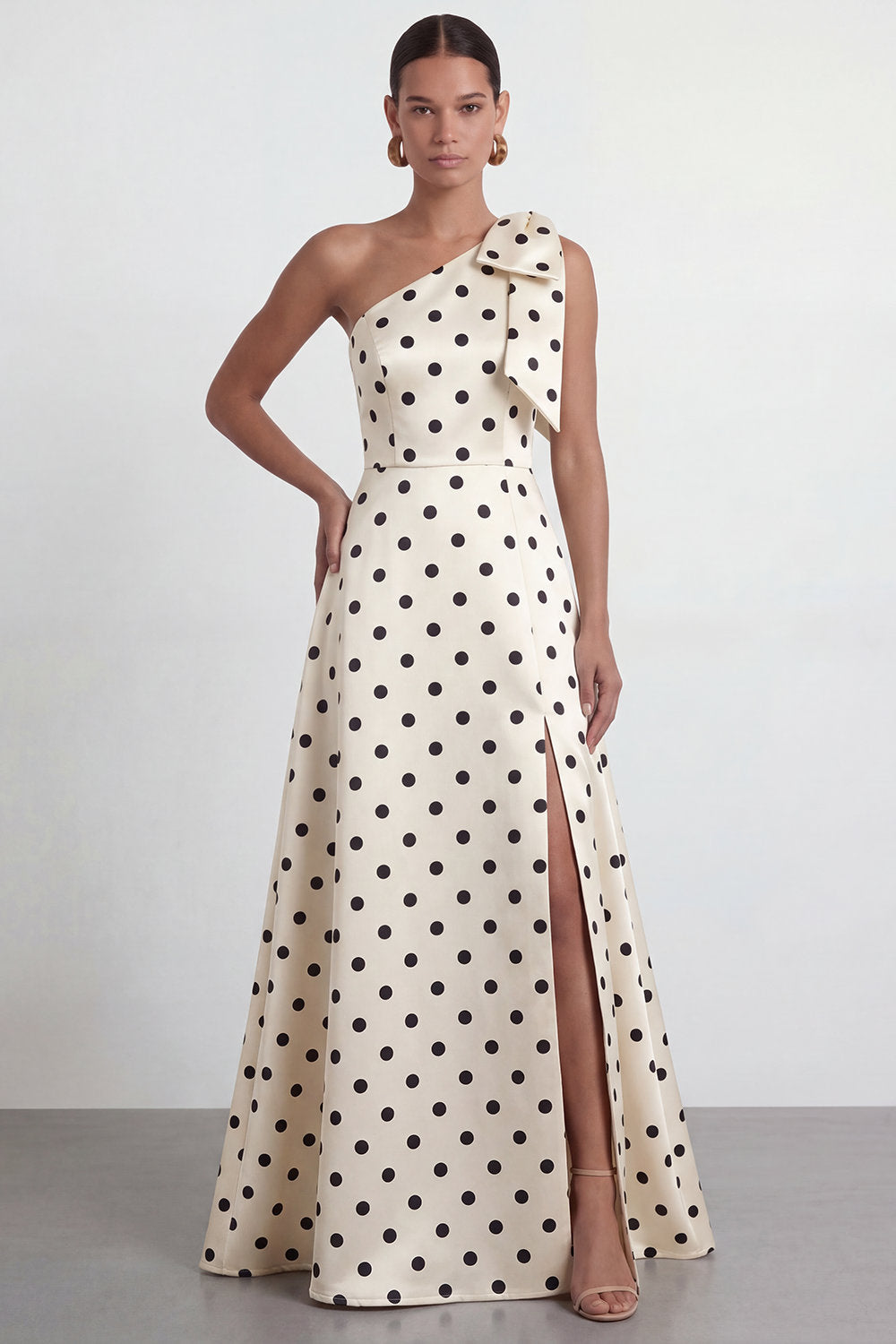 A-Line Satin Black White Dots One Shoulder Long Formal Dress with Slit