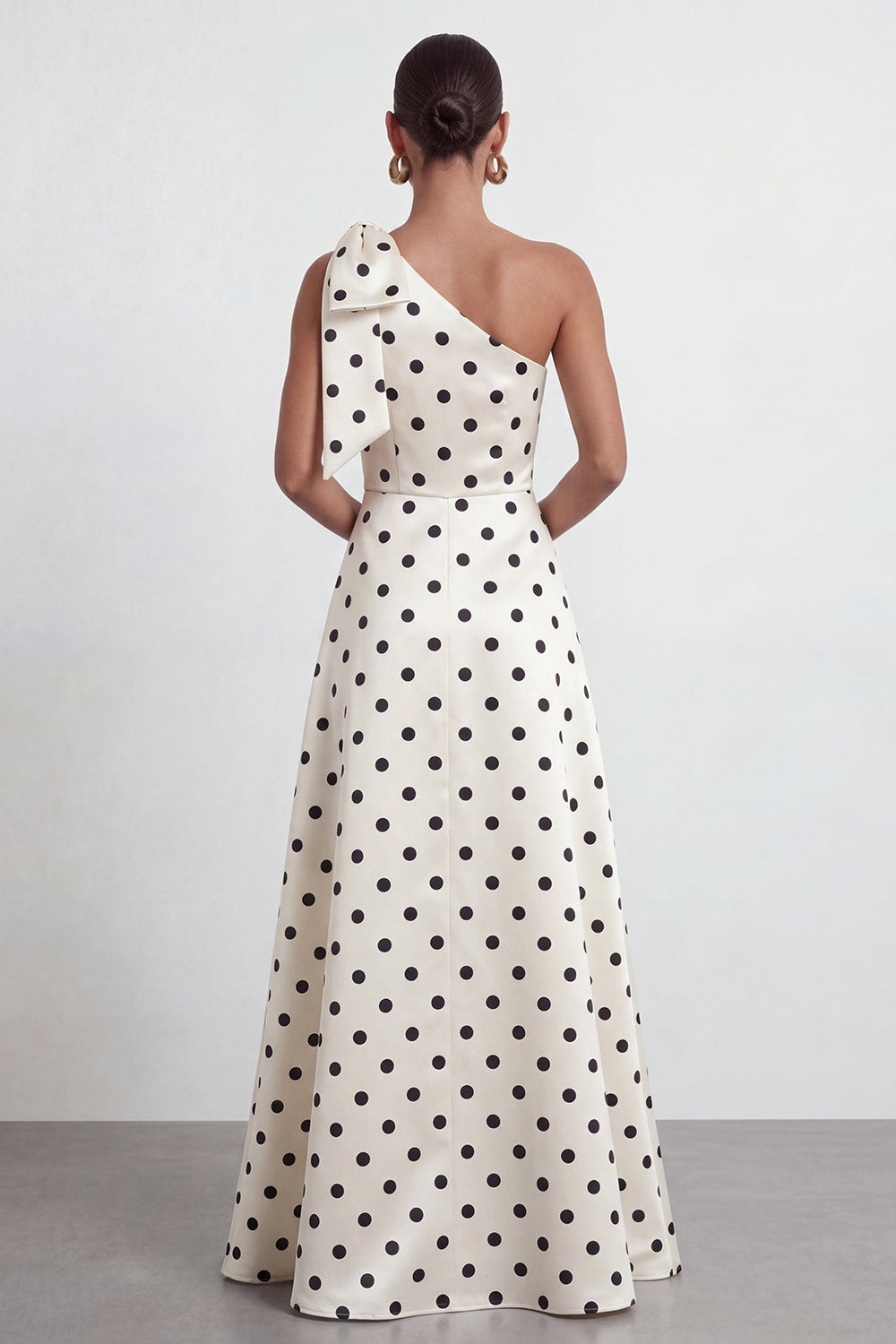 A-Line Satin Black White Dots One Shoulder Long Formal Dress with Slit