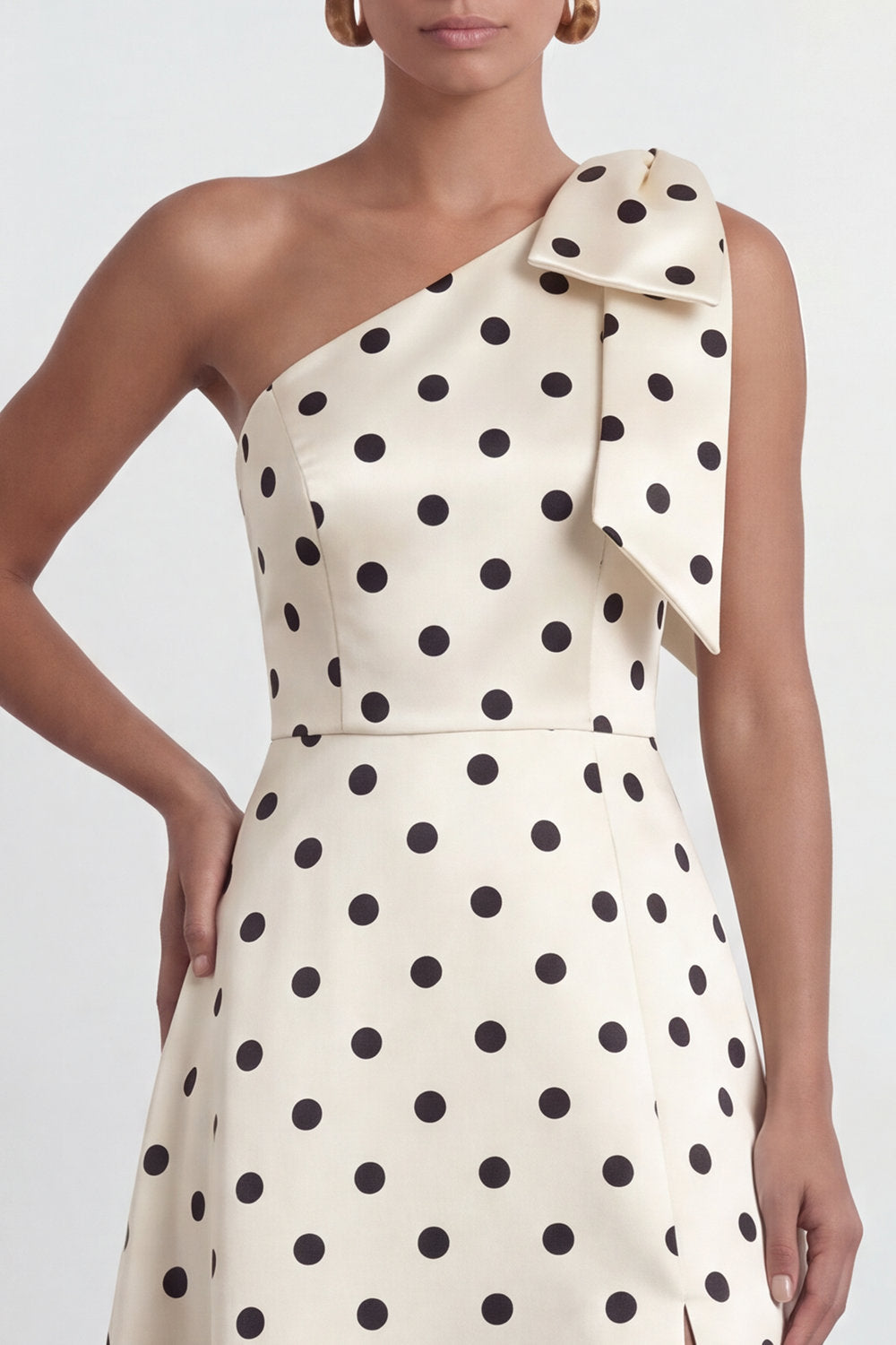 A-Line Satin Black White Dots One Shoulder Long Formal Dress with Slit