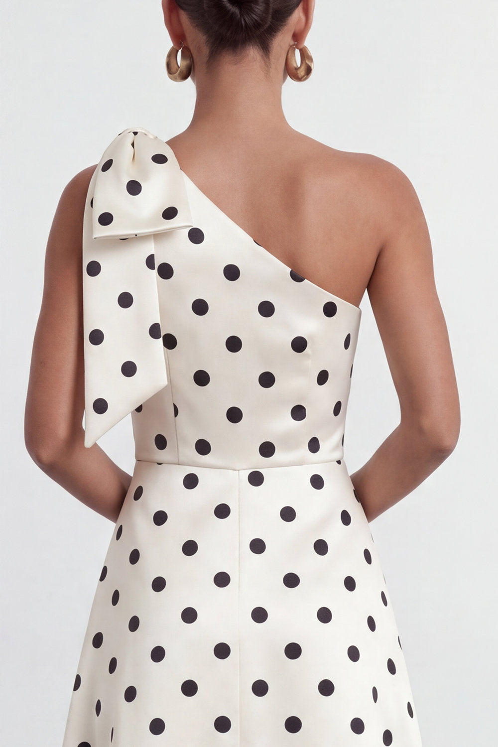 A-Line Satin Black White Dots One Shoulder Long Formal Dress with Slit