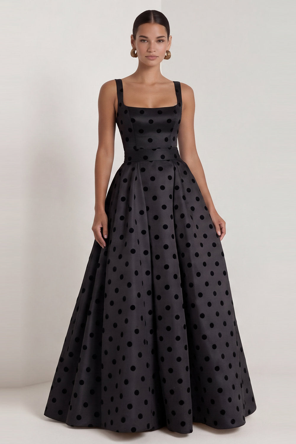 A-Line Satin Black White Dots Square Neck Long Formal Dress with Bow