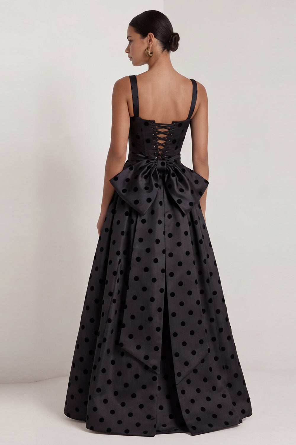 A-Line Satin Black White Dots Square Neck Long Formal Dress with Bow
