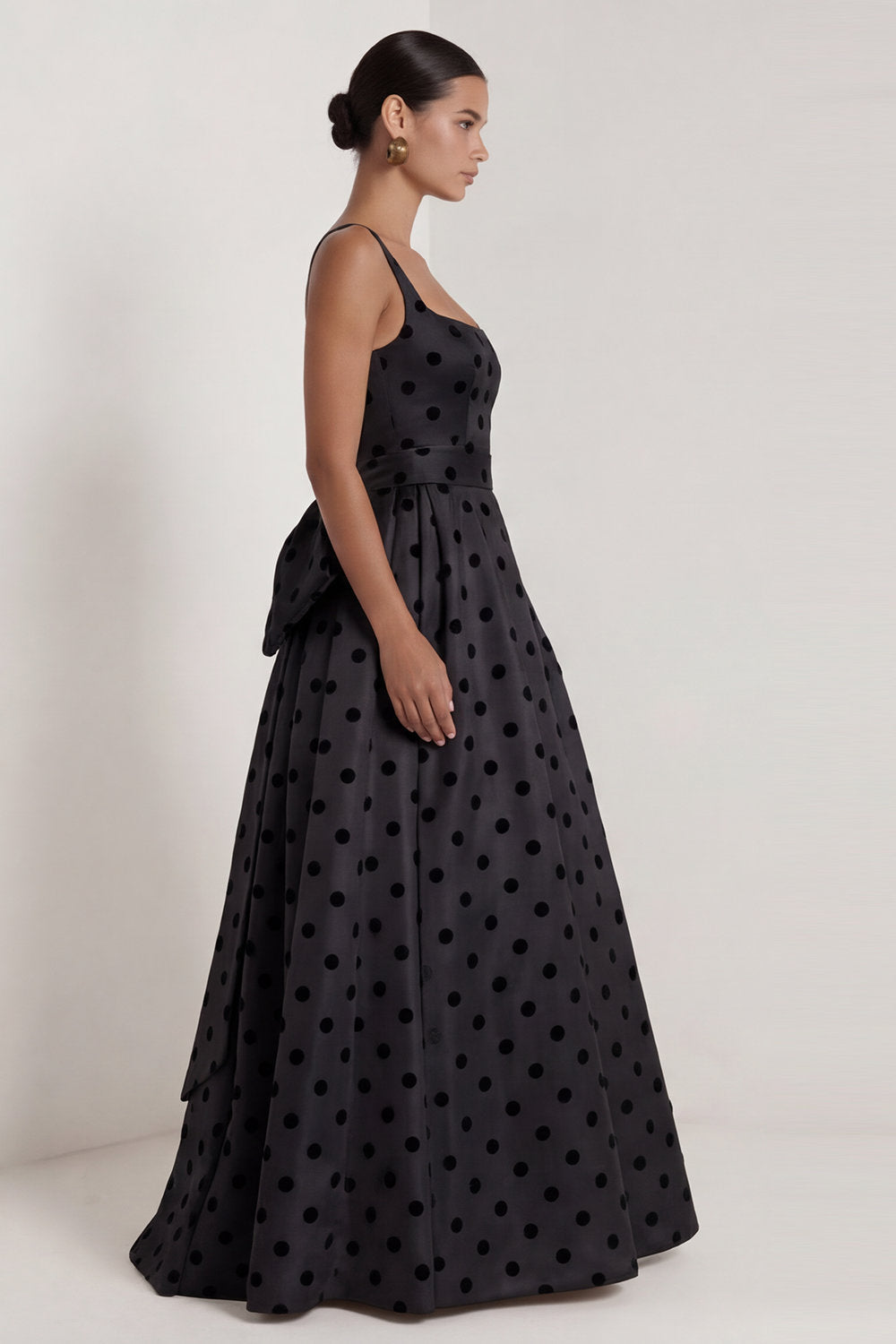 A-Line Satin Black White Dots Square Neck Long Formal Dress with Bow
