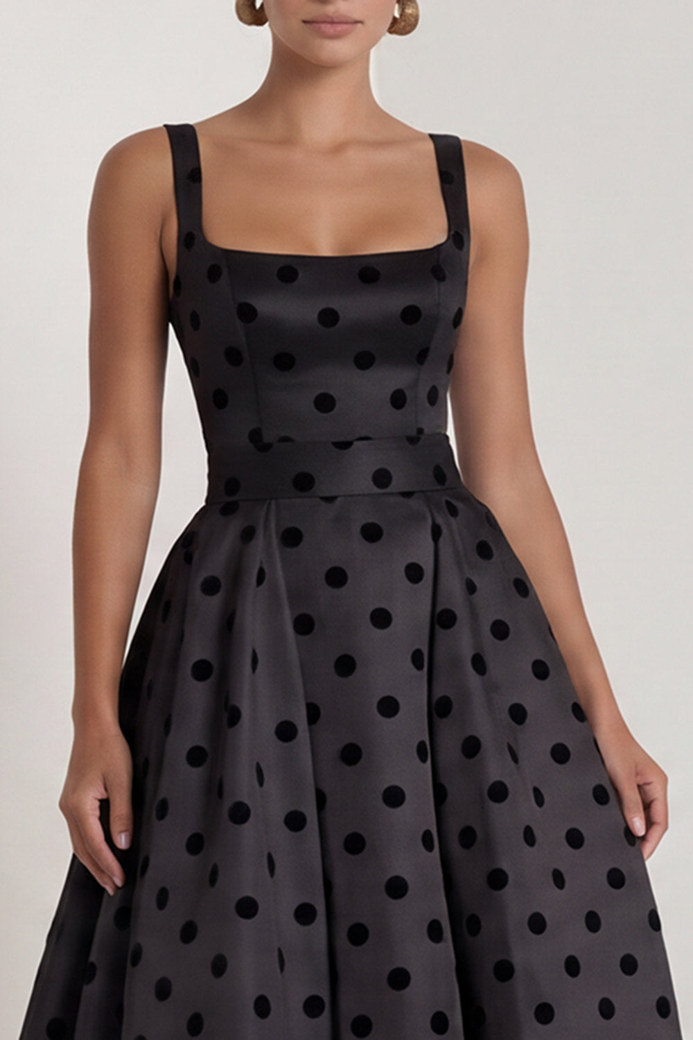 A-Line Satin Black White Dots Square Neck Long Formal Dress with Bow