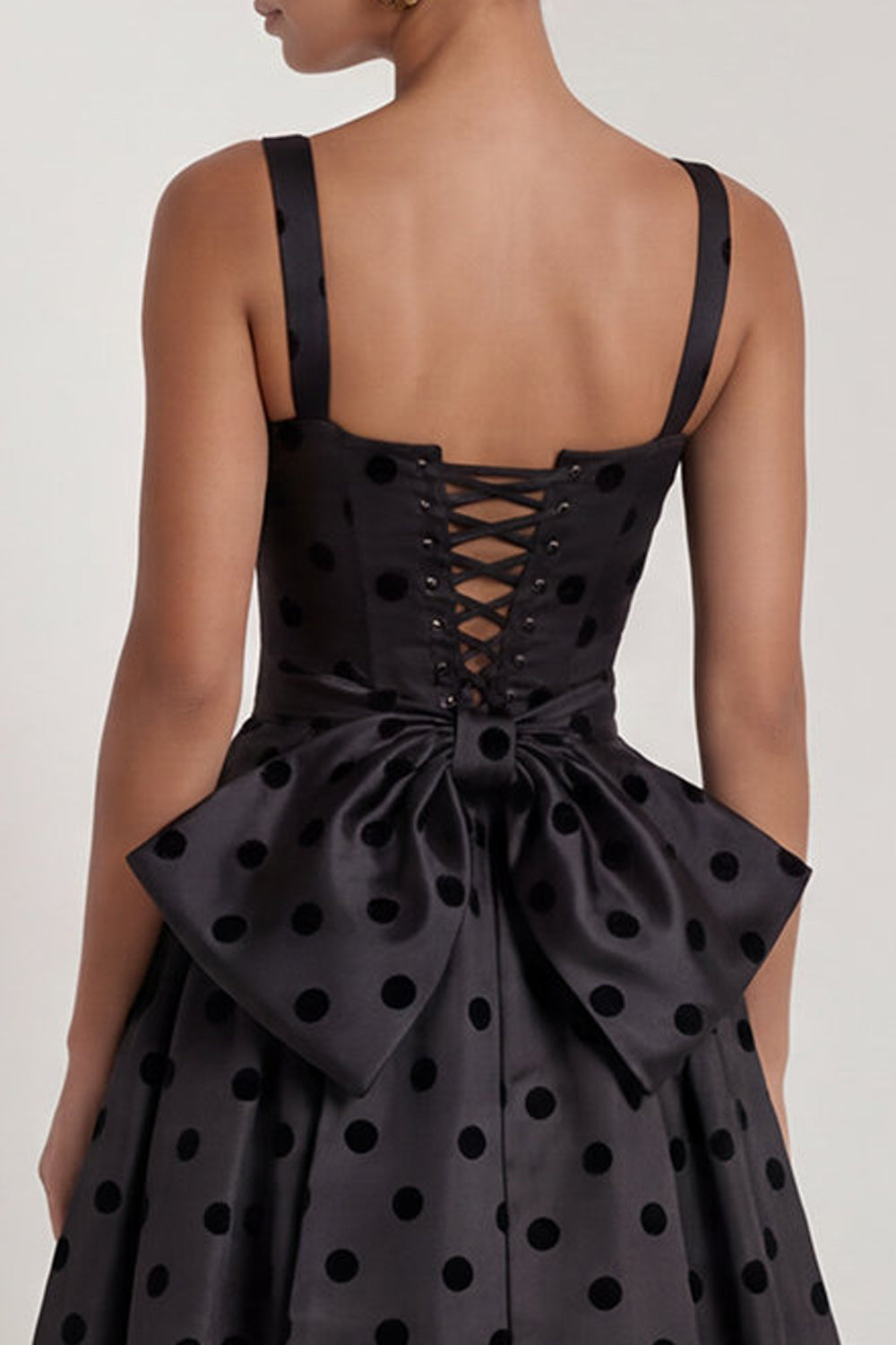 A-Line Satin Black White Dots Square Neck Long Formal Dress with Bow