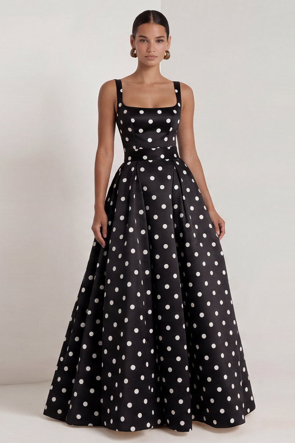 A-Line Satin Black White Dots Square Neck Long Formal Dress with Bow