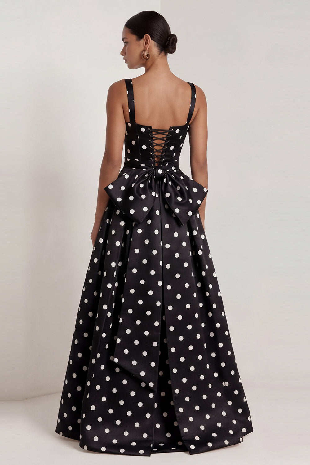 A-Line Satin Black White Dots Square Neck Long Formal Dress with Bow
