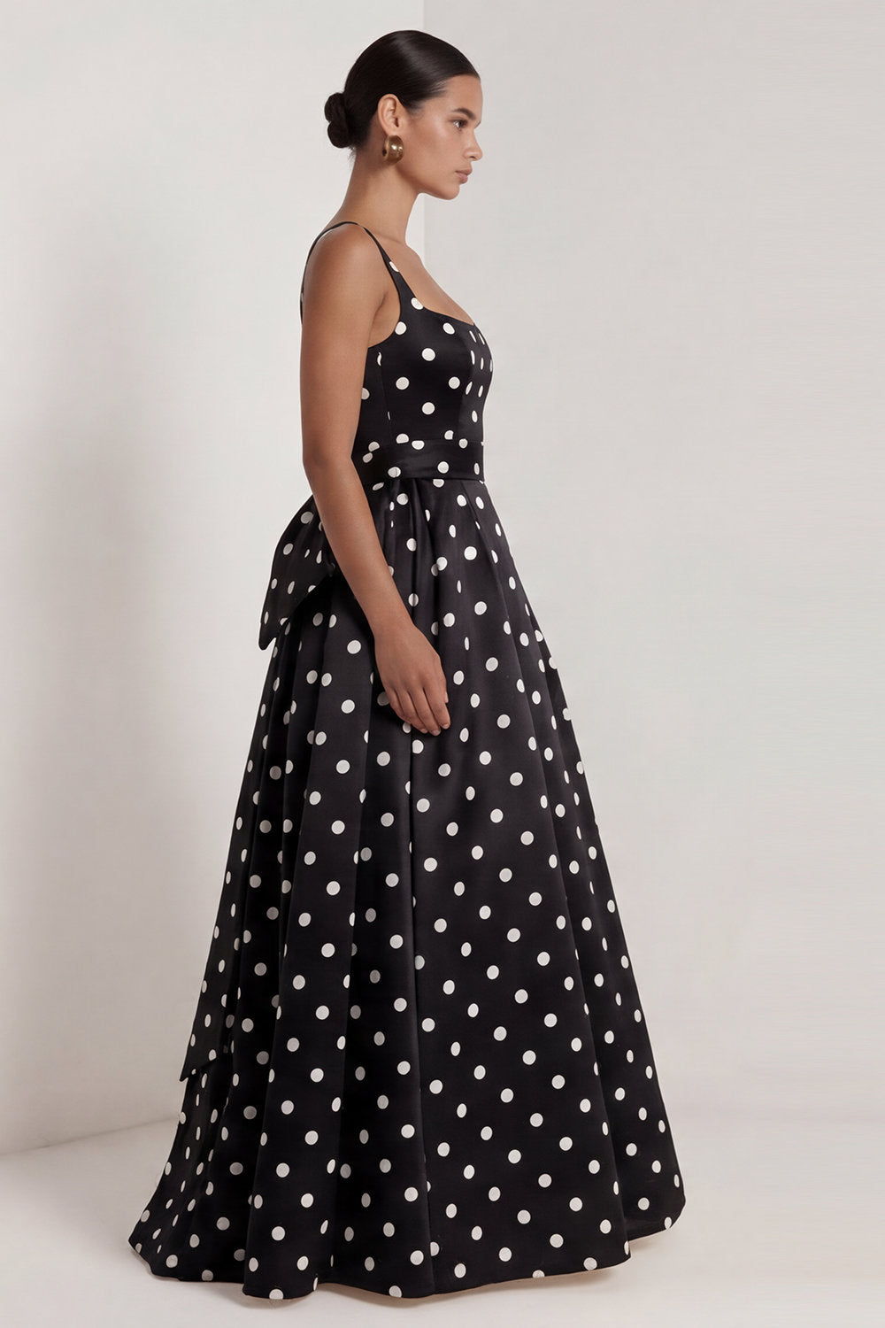 A-Line Satin Black White Dots Square Neck Long Formal Dress with Bow