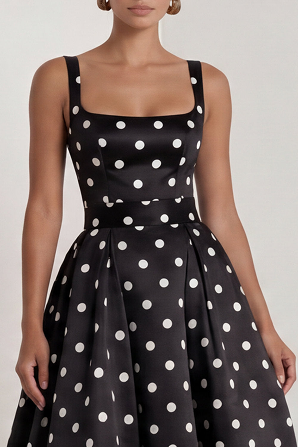 A-Line Satin Black White Dots Square Neck Long Formal Dress with Bow