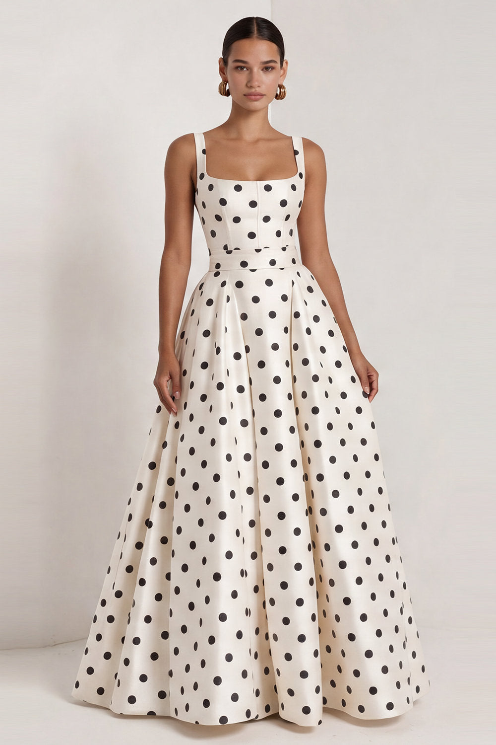 A-Line Satin Black White Dots Square Neck Long Formal Dress with Bow