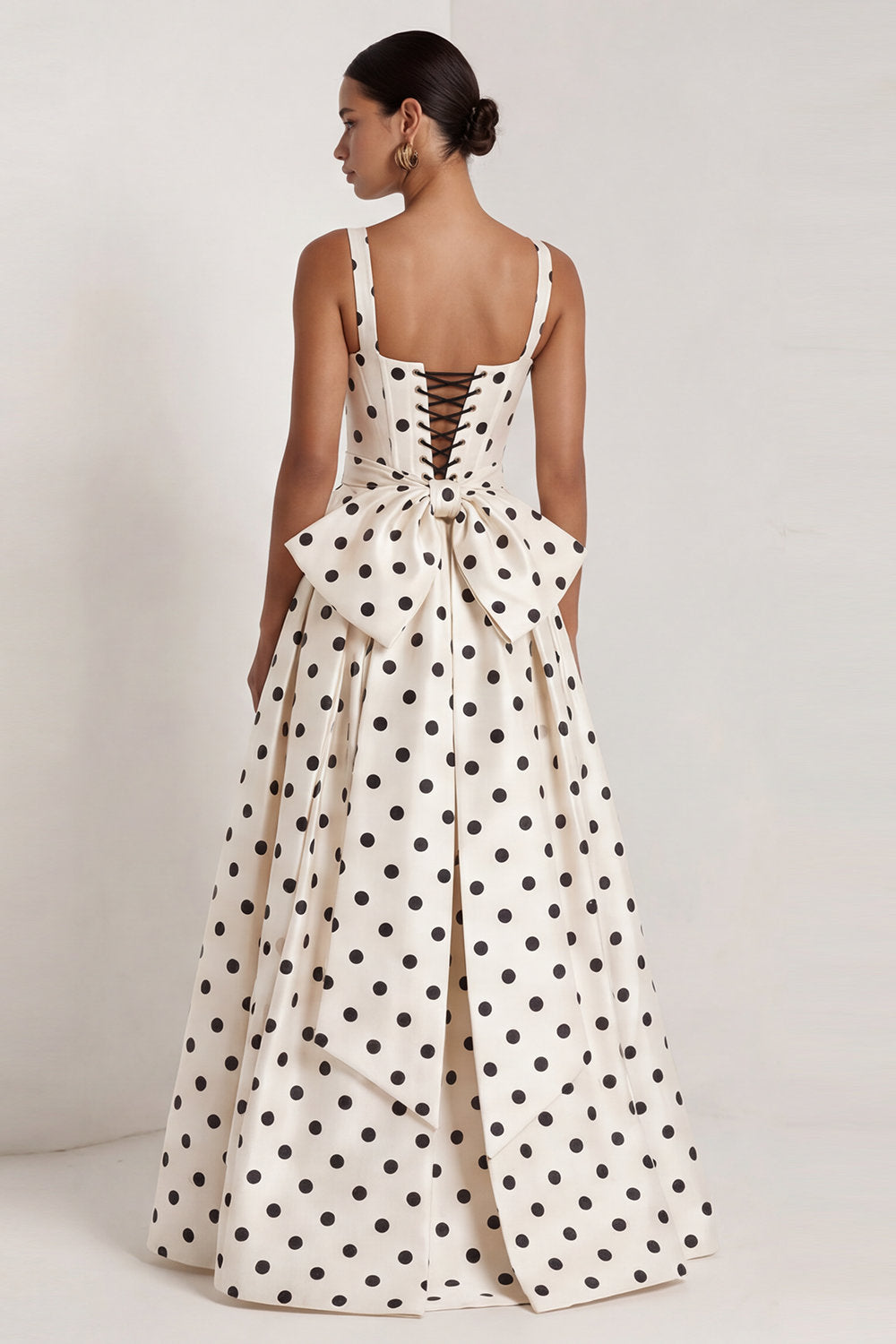 A-Line Satin Black White Dots Square Neck Long Formal Dress with Bow