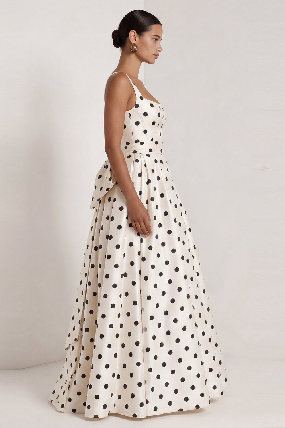 A-Line Satin Black White Dots Square Neck Long Formal Dress with Bow