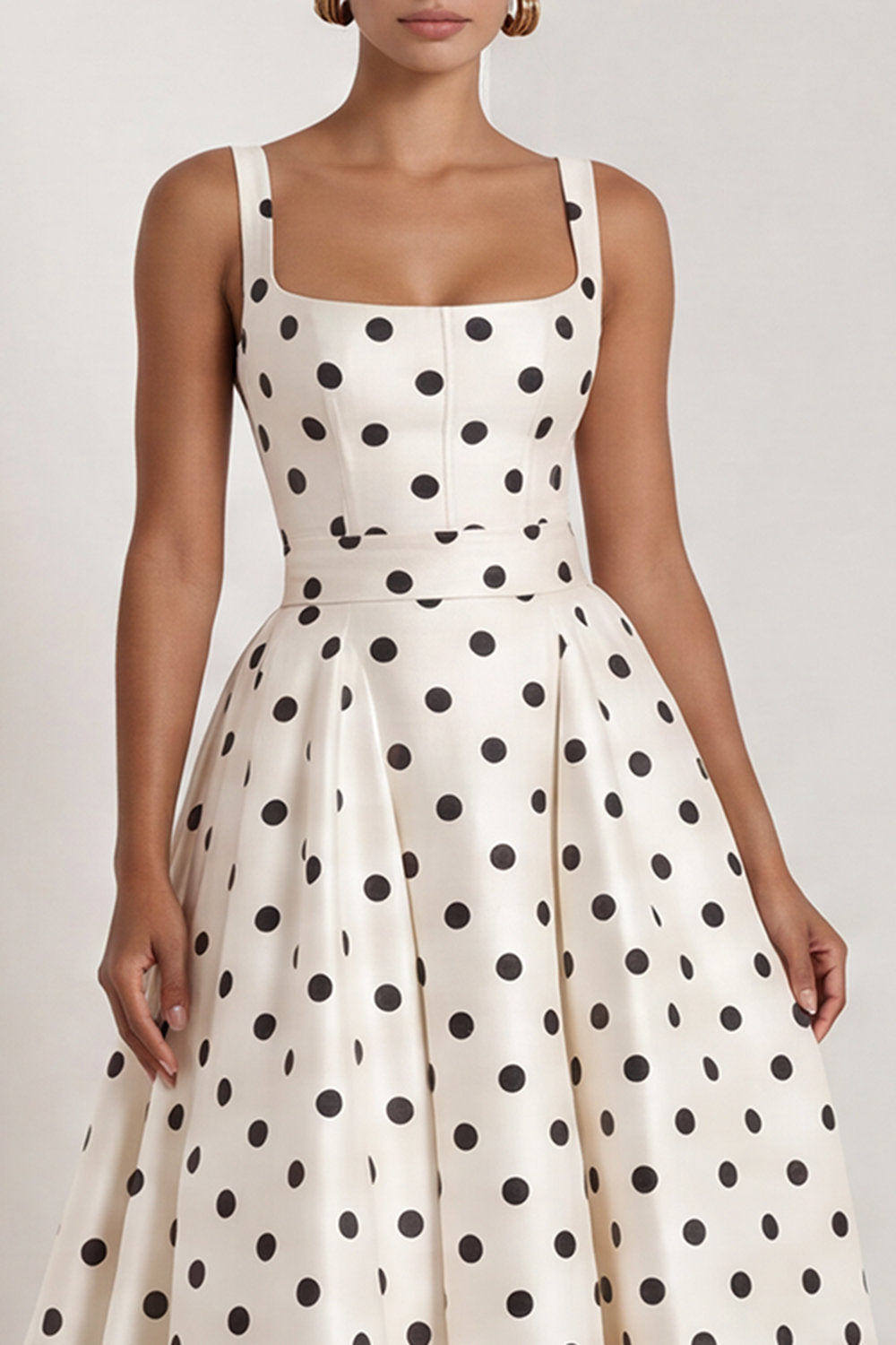 A-Line Satin Black White Dots Square Neck Long Formal Dress with Bow