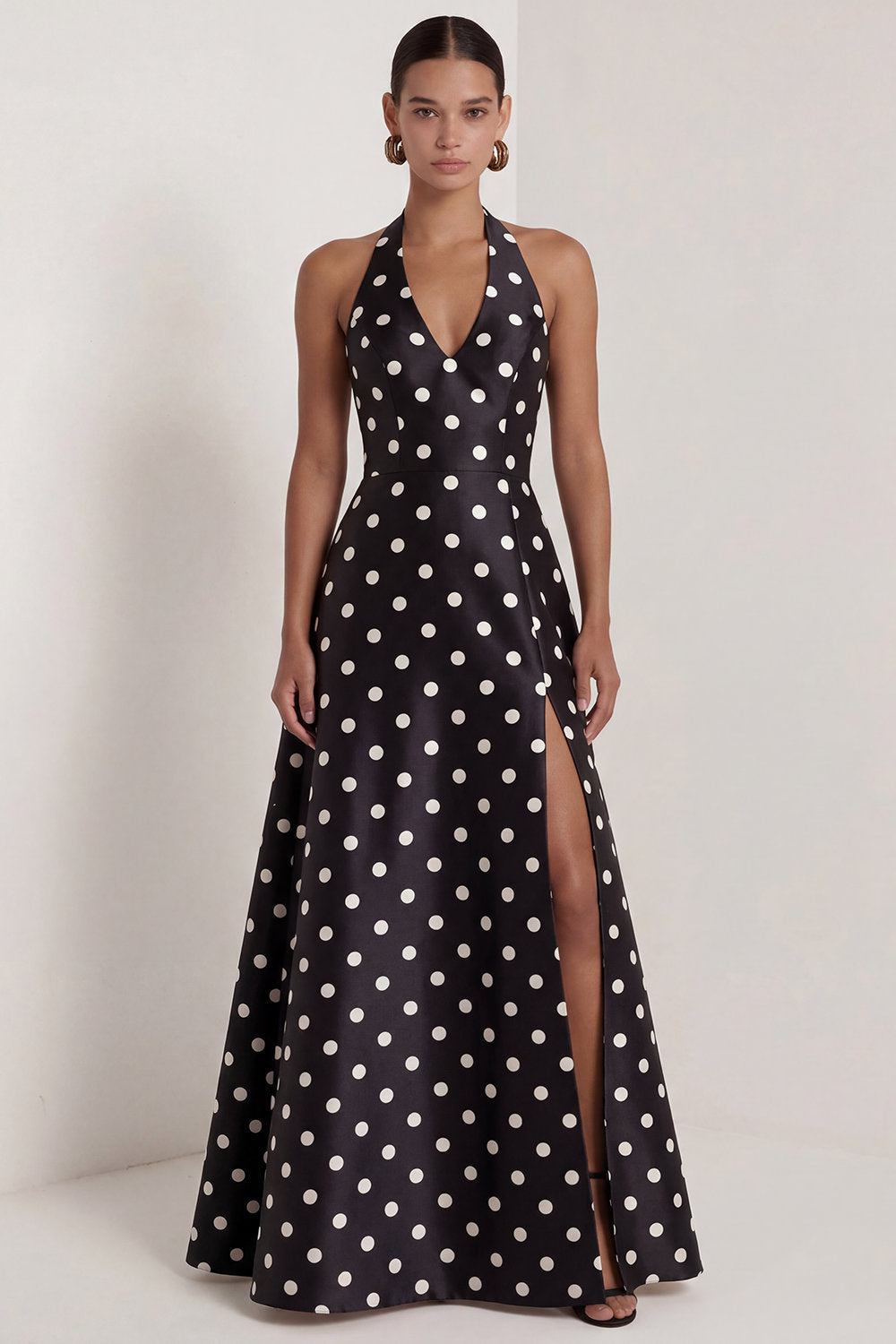 A-Line Satin Black White Dots Halter Neck Long Formal Dress with Slit