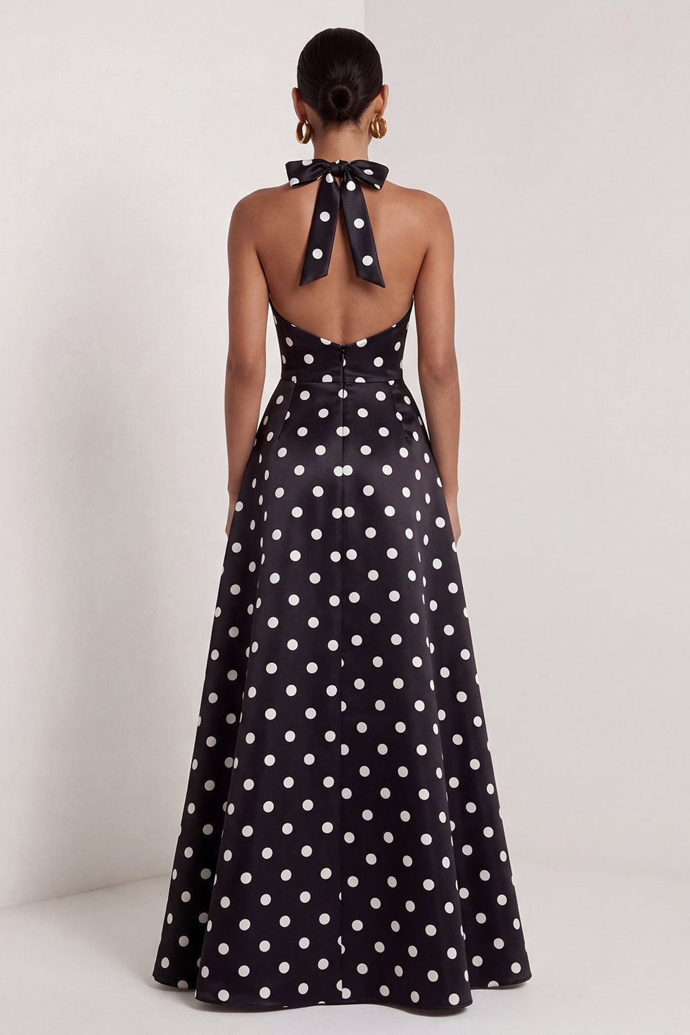 A-Line Satin Black White Dots Halter Neck Long Formal Dress with Slit