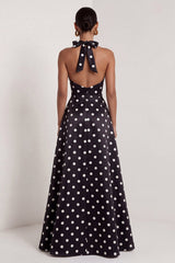 A-Line Satin Black White Dots Halter Neck Long Formal Dress with Slit