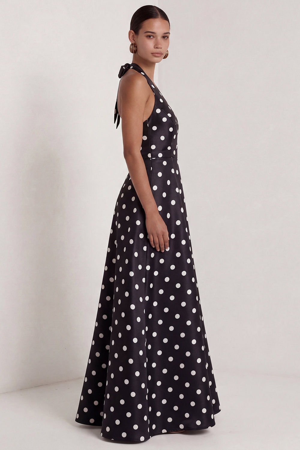 A-Line Satin Black White Dots Halter Neck Long Formal Dress with Slit