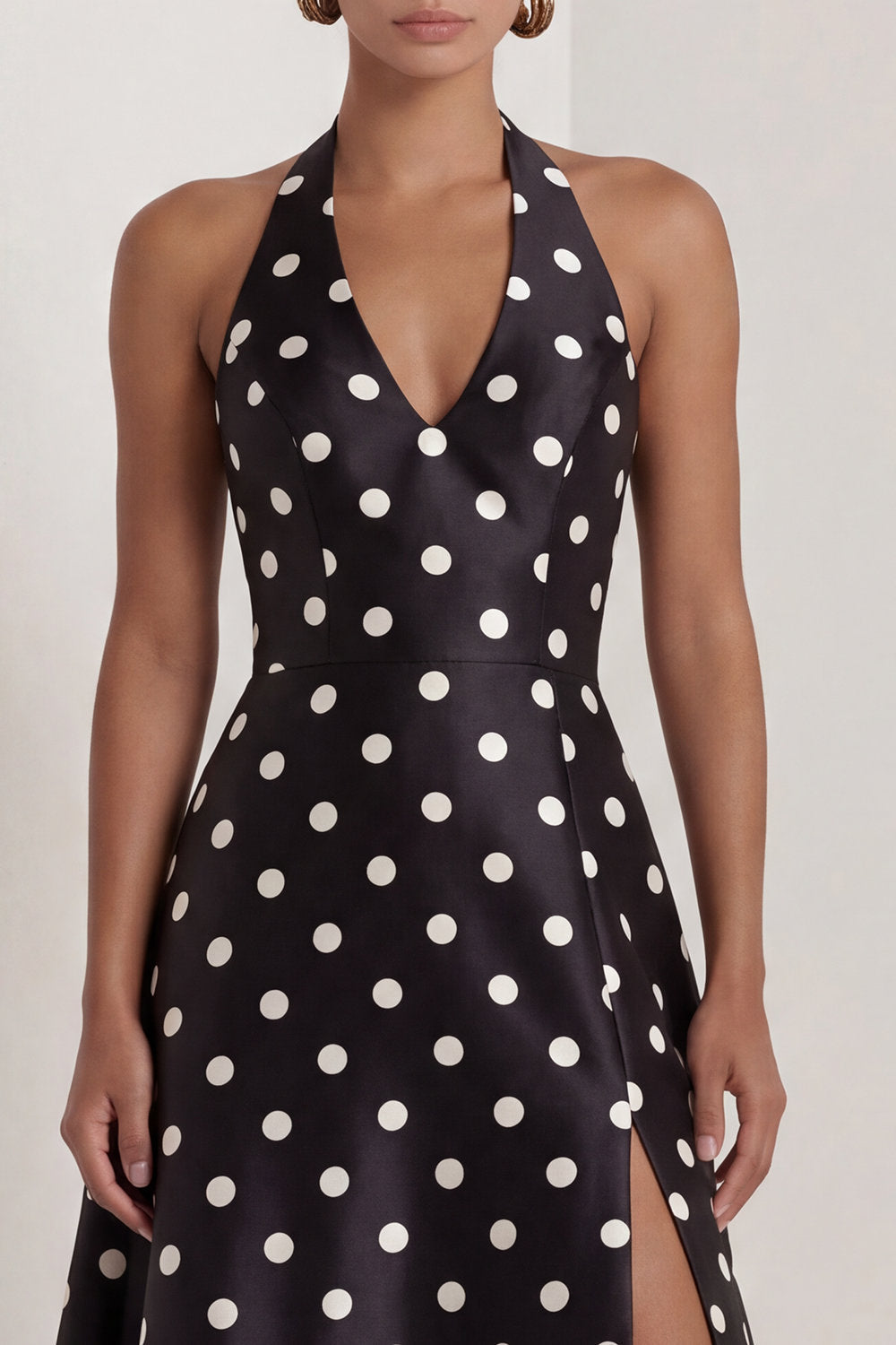 A-Line Satin Black White Dots Halter Neck Long Formal Dress with Slit