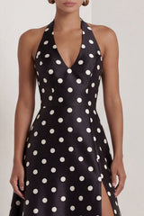 A-Line Satin Black White Dots Halter Neck Long Formal Dress with Slit