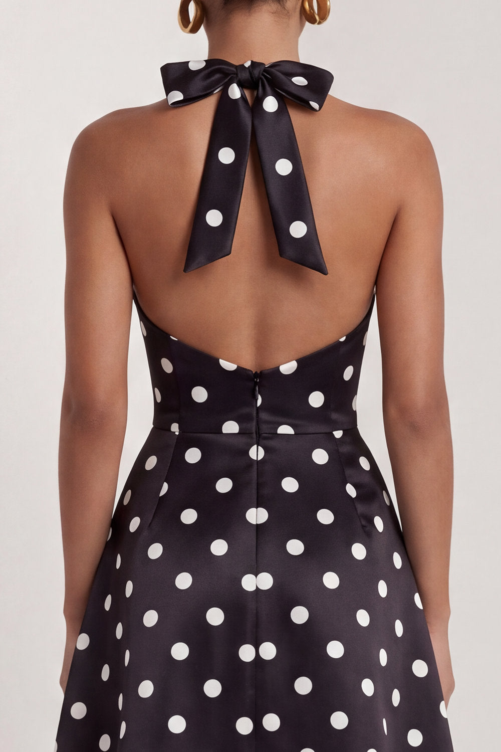 A-Line Satin Black White Dots Halter Neck Long Formal Dress with Slit