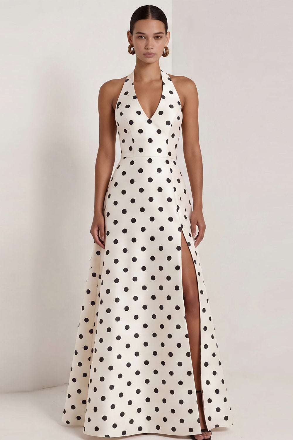 A-Line Satin Black White Dots Halter Neck Long Formal Dress with Slit